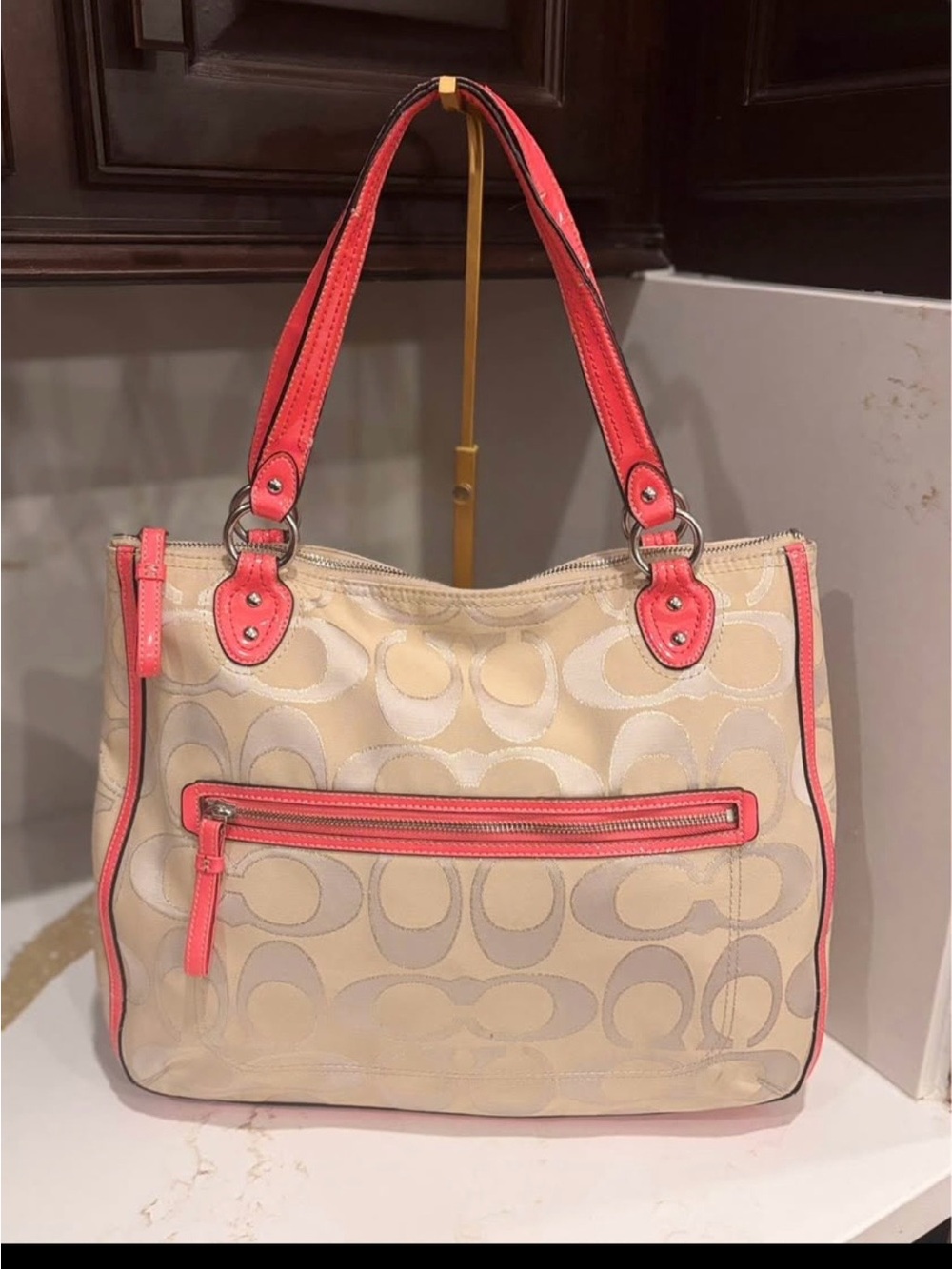 Coach Beige Signature Tote with Coral Pink Trim